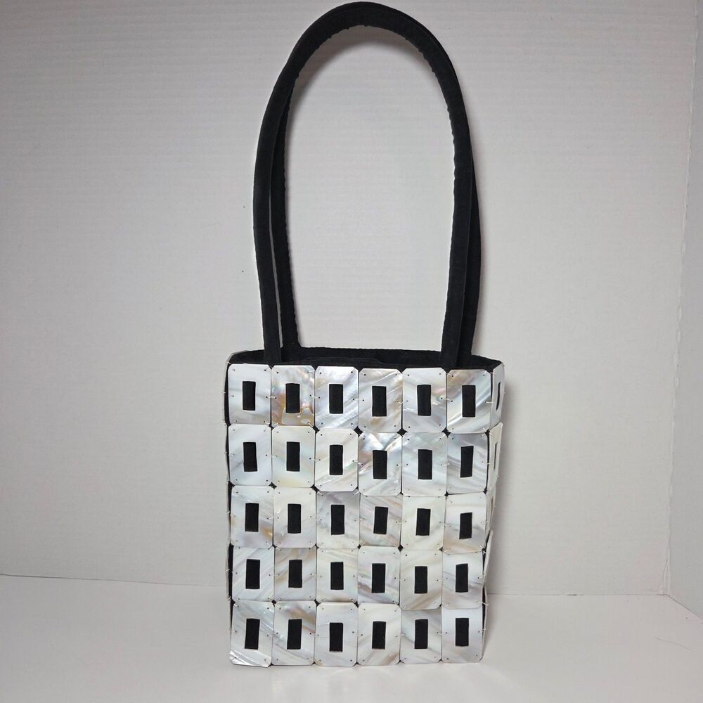 Vtg Mother of Pearl Shell Tile Mosaic Handbag Black White Purse Boho Mermaidcore